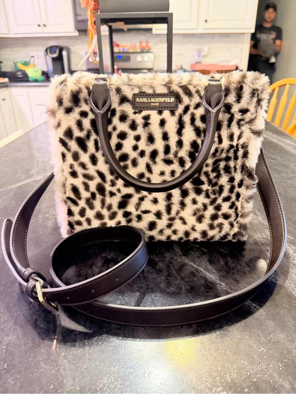 Karl Lagerfeld Faux Fur Leopard Crossbody Bag - Black & Cream